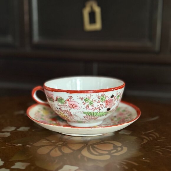 Vintage Japanese Porcelain Tea Cup and Saucer Set | Hand-Painted Oriental Floral - Picture 1 of 4